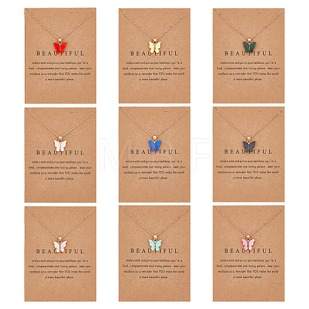 9Pcs 9 Colors Butterfly Acrylic Pendant Necklace with Light Gold Alloy Cable Chains NJEW-AN0001-79-1