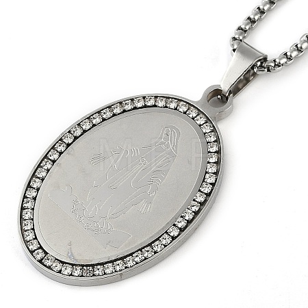 201 Stainless Steel Crystal Rhinestone Religion Virgin Mary Oval Pendant Box Chain Necklaces NJEW-D089-04P-1