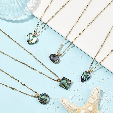 Natural Paua Shell Geometric Pendant 304 Stainless Steel Satellite Chain Necklaces NJEW-JN06602-1