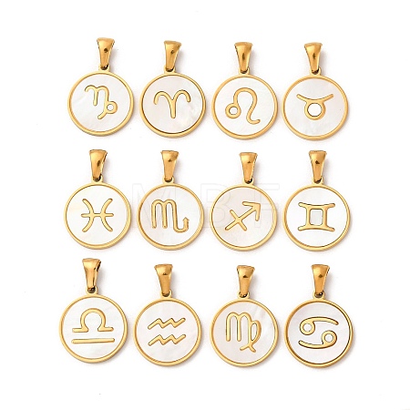 Natural Shell Flat Round with Twelve Constellations
 Pendants STAS-I353-02G-1