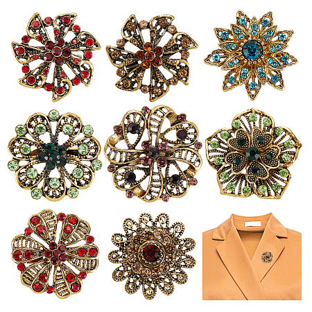 8Pcs 8 Style Rhinestone Flower Safety Pin Brooch JEWB-PH0001-24-1