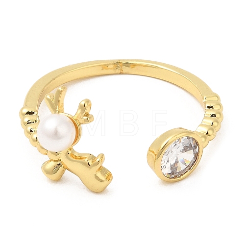Plastic Pearl Christmas Deer Open Cuff Ring with Cubic Zirconia RJEW-R139-01G-1