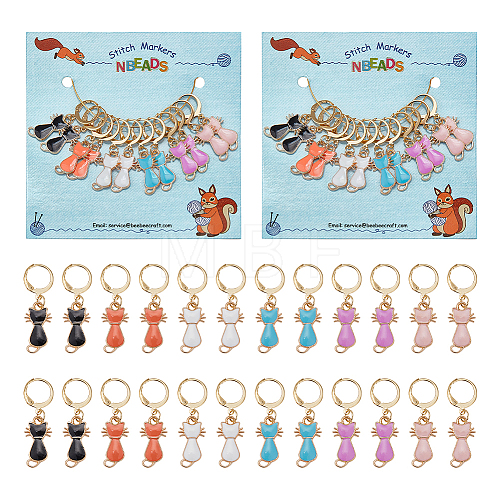 Cat Alloy Enamel Pendant Locking Stitch Markers HJEW-AB00103-1