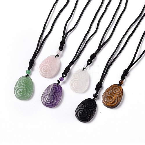 Adjustable Natural Mixed Gemstone Teardrop with Spiral Pendant Necklace with Nylon Cord for Women NJEW-L171-04-1