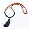 Natural Black Agate and Wood Mala Beads Necklaces NJEW-JN01779-01-1