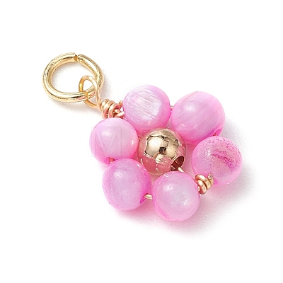 Dyed Natural Shell & Brass Round Beaded Flower Pendants PALLOY-JF03462-1