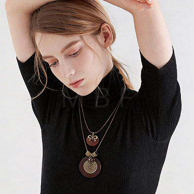 1Pc Bohemian Wood & Alloy Pendant Double Layer Necklaces for Women NJEW-CL0001-37-1