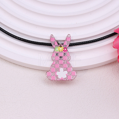 Colorful Happy Easter Acrylic Plaid Pendant Black Waxed Cord Necklaces for Women FS-WGC6641-10-1