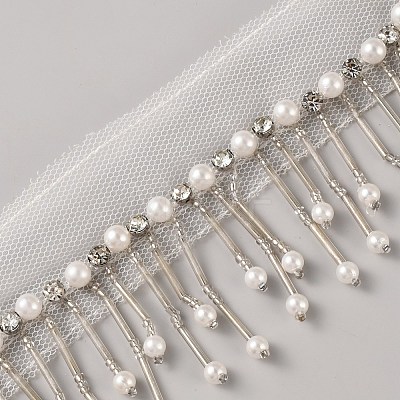Polyester & Glass Rhinestone & Imitation Pearl Beaded Tassel Ribbon DIY-WH20076-47B-1