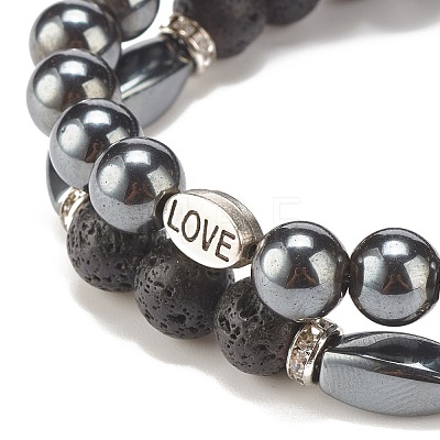 2Pcs 2 Style Natural Lava Rock & Synthetic Hematite Stretch Bracelets Set with Word Love Brass Beads BJEW-JB08186-1