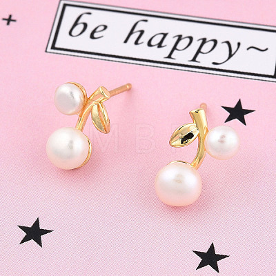 Natural Pearl Cherry Stud Earrings with 925 Sterling Silver Pins EJEW-T019-03G-1