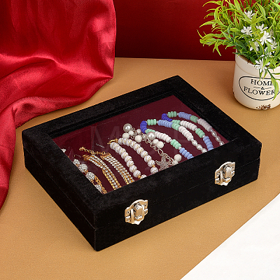 Rectangle Clear Window Jewelry Velvet Presentation Box Organizer with MDF Wood and Iron Locks VBOX-WH0010-01-1