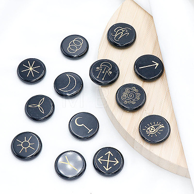 13Pcs Flat Round Carved Natural Obsidian Rune Stones PW-WG5B00E-03-1