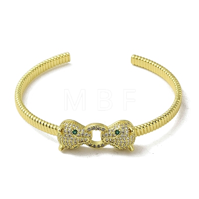 Brass Pave Clear & Green Cubic Zirconia Leopard Open Cuff Bangle for Women BJEW-K246-22B-G-1