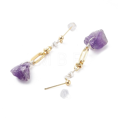 Nuggets Natural Amethyst Dangle Earrings with Brass and 925 Sterling Silver Pins EJEW-P256-49G-1