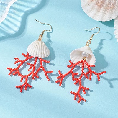 Shell Shape Glass Seed Beaded & Clam Shell Dangle Earrings EJEW-MZ00661-01-1