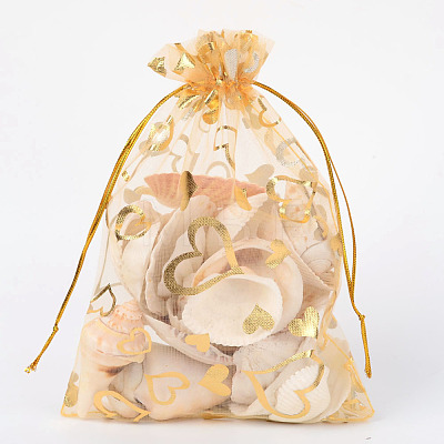 100Pcs Gold Stamping Heart Organza Gift Bags OP-PH0001-37C-1