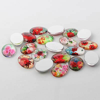 Multi-Color Flower Theme Ornaments Glass Oval Flatback Cabochons GGLA-A003-18x25-NN-1