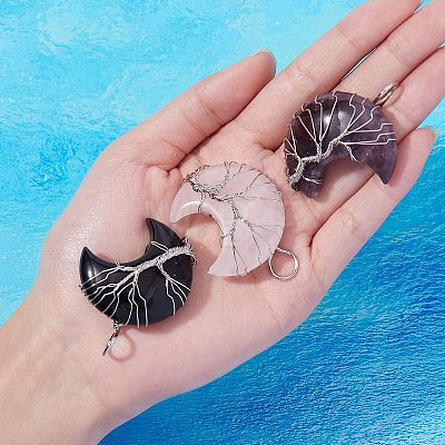 3Pcs 3 Style Natural Gemstone Wire Wrapped Pendants G-SZ0001-43-1