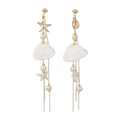 Brass Glass Pearl Shell Shape Dangle Stud Earrings EJEW-TA00764-1