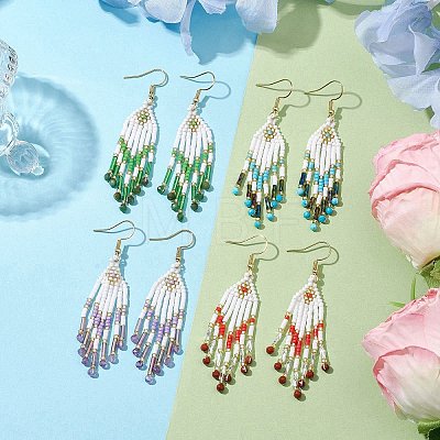 Woven Seed Beads & Natural Gemstone Tassel Earrings EJEW-MZ00154-1