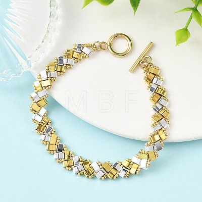 Two Tone Electroplate Glass Seed Beaded Woven Bracelets with OT Clasps for Women BJEW-MZ00349-1