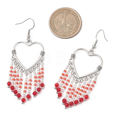 Hollow Heart Alloy & Glass Seed Beads Tassel Chandelier Earrings EJEW-MZ00685-02-1
