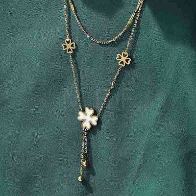 304 Stainless Steel Shell Pearl Clover Pendant Double Layered Necklaces for Women NJEW-U036-01G-1