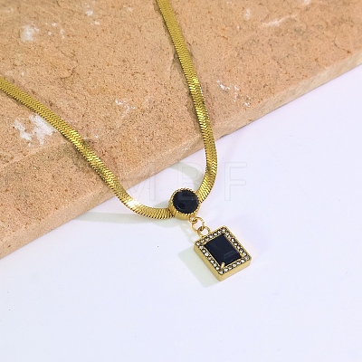 Vintage Stainless Steel Natural Black Onyx(Dyed & Heated) Rectangle Pendant Flat Snake Chain Necklaces for Women DM4995-1