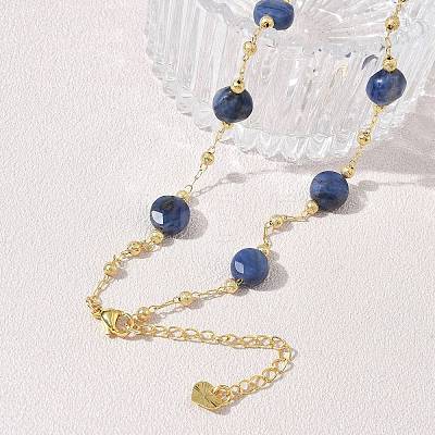 Natural Sodalite Faceted Flat Round Beaded Chain Necklaces with Matte Brass Beads GG-CBA37F5-01G-07-1