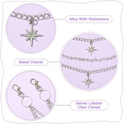 Iron & Brass Star Tassel 3 Layer Pants Chains for Jeans with Alloy Swivel Lobster Claw Clasps HJEW-YW00426-1