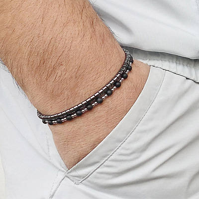 Synthetic Non-magnetic Hematite Beads Stretch Bracelets for Men PE4341-1