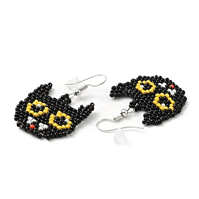 Glass Seed Braided Cat Dangle Earrings EJEW-B012-11-1