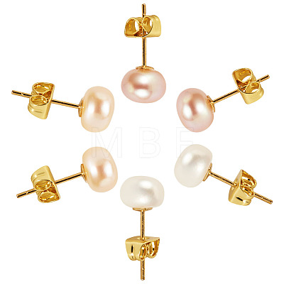 6Pcs 3 Colors Natural Cultured Freshwater Pearl Stud Earrings EJEW-TAC00025-1