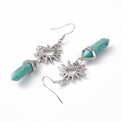 Synthetic Turquoise Bullet with Sun Dangle Earrings EJEW-I276-01P-09-1