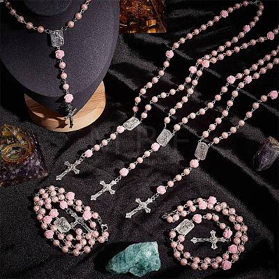 Glass Pearl & Resin Rose Rosary Bead Necklace NJEW-PH01473-1