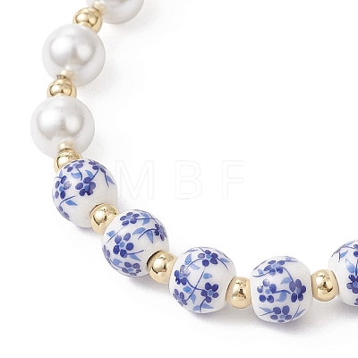 Handmade Flower Printed Porcelain Ceramic Beads & Shell Pearl Round Beaded Bracelets for Women BJEW-JB12709-1