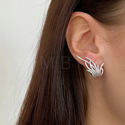 Feather Brass Micro Pave Clear Cubic Zirconia Hoop Earrings FS-WG65436-02-1