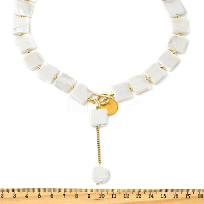 Adjustable White Shell Pearl Square Bead Lariat Necklaces with 304 Stainless Steel OT Clasps NJEW-JN06029-1
