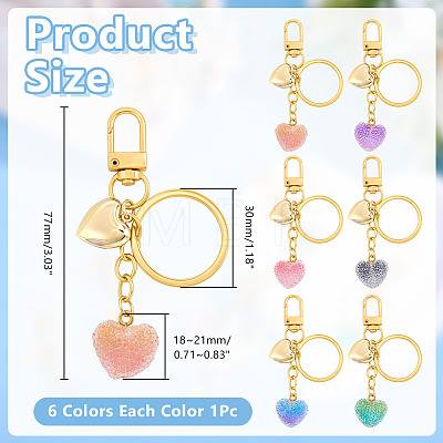 6Pcs 6 Colors Transparent Resin with 304 Stainless Steel Heart Pendant Keychain KEYC-AR00010-1