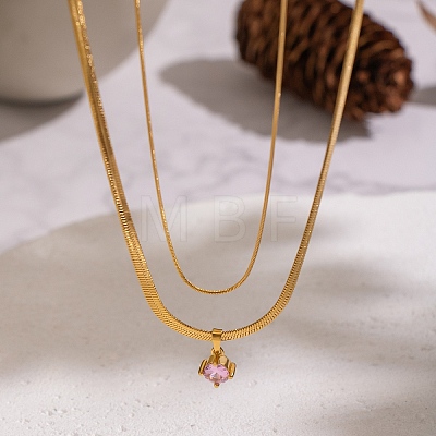 304 Stainless Steel Pave Cubic Zirconia Flat Round Pendant Double Layer Necklaces for Women VV1758-1-1
