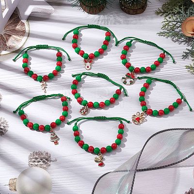 Christmas Wreath & Deer & Candy Cane Alloy Enamel Charm Bracelets BJEW-JB10893-1