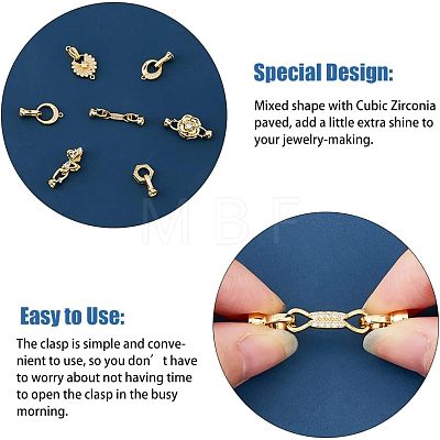 7Pcs 7 Styles Rack Plating Brass Micro Pave Clear Cubic Zirconia Fold Over Clasps KK-FH0004-70-1