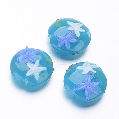 Ocean Style Flat Round with Starfish/Sea Stars Handmade Lampwork Beads LAMP-F006-08-1