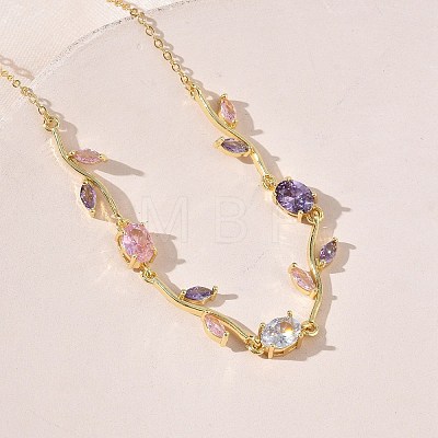 Brass Pave Cubic Zirconia Rose Flower Link Cable Chain Necklaces for Women NJEW-C121-05A-01G-1