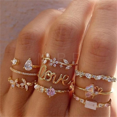 9Pcs 9 Styles Alloy Rhinestone Plain Band Rings PW-WGEAAC1-01-1