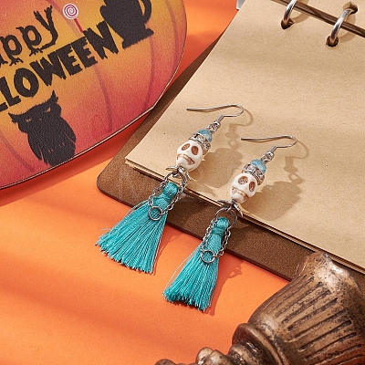 Synthetic Turquoise Skull Dangle Earrings EJEW-TA00235-02-1