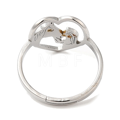 304 Stainless Steel Heart with Horse Adjustable Ring for Women RJEW-M149-20P-1