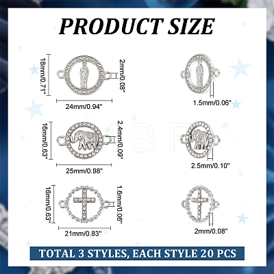 60Pcs 3 Styles Alloy Connector Charms with Crystal Rhinestone FIND-HY0002-57-1