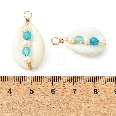 Faceted Round Natural Agate(Dyed & Heated) & Pearl Copper Wire Wrapped Pendants PALLOY-JF05538-1